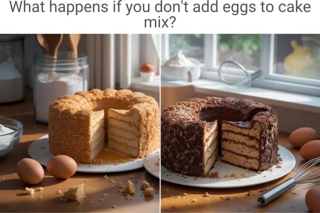 Comparison of cakes with and without eggs on a kitchen counter, highlighting the differences in texture, rise, and color.