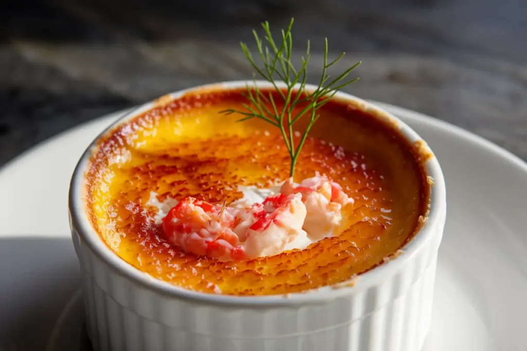 Crab Brulee with caramelized sugar topping served in a ramekin