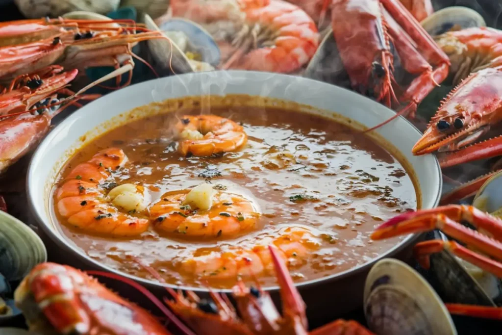 A bowl of rich, buttery seafood boil sauce surrounded by freshly cooked shrimp, crab, and clams.