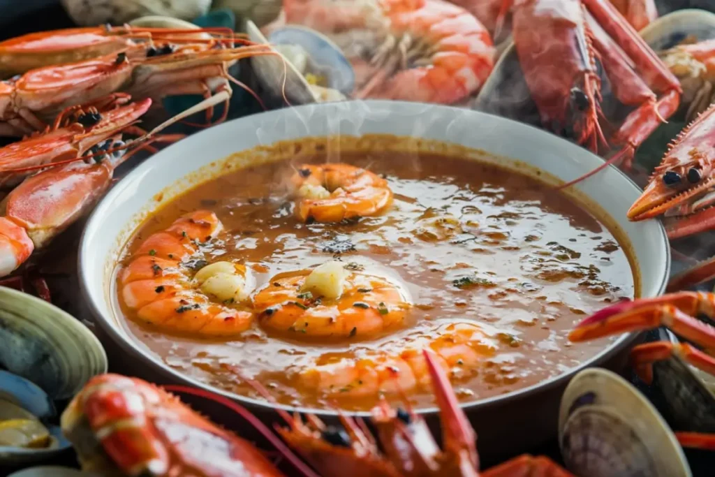 A bowl of rich, buttery seafood boil sauce surrounded by freshly cooked shrimp, crab, and calms.