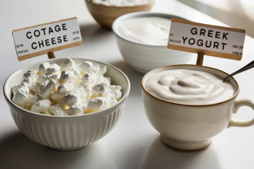 A bowl of cottage cheese next to a cup of yogurt – is cottage cheese healthier than yogurt?