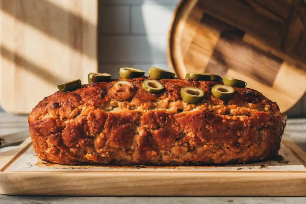 A perfectly baked Lindsey Olives Meatloaf, topped with black olives, sliced on a wooden board.