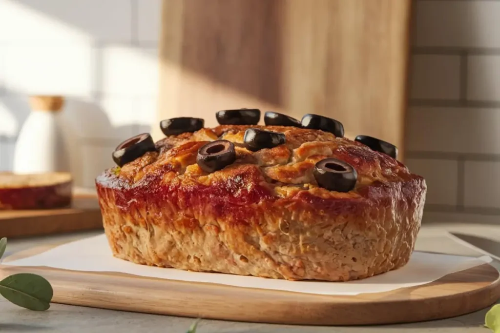 A vintage-style kitchen with a cook preparing meatloaf using traditional ingredients.