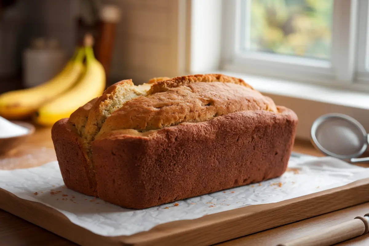 Freshly baked banana bread with a golden brown crust, placed on a wooden kitchen counter, surrounded by ripe bananas and baking ingredients.