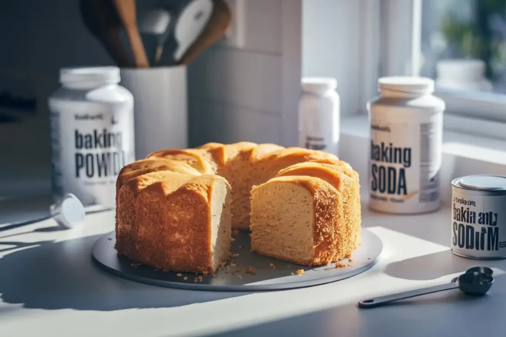 Baking powder and baking soda placed on a wooden table with a freshly baked cake, showing the perfect rise and texture.