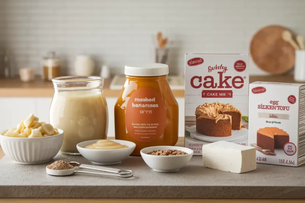 Various egg substitutes like bananas, applesauce, and flaxseed meal displayed next to a cake mix on a wooden kitchen counter.