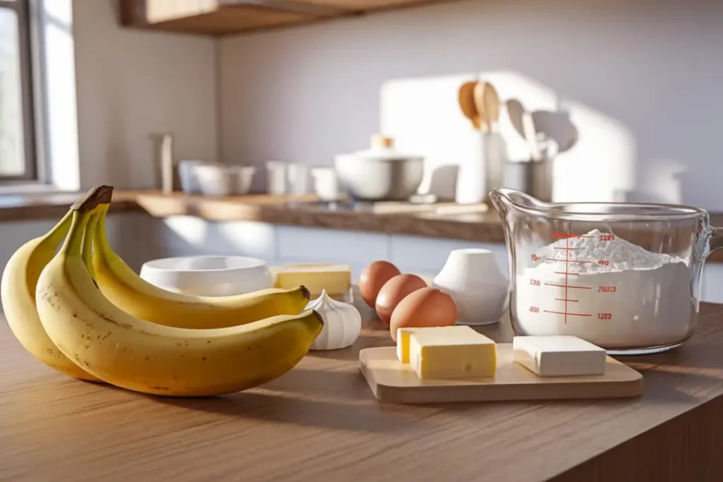 Bananas and baking ingredients on a kitchen counter, showcasing how bananas can replace eggs, butter, and sugar in baking.