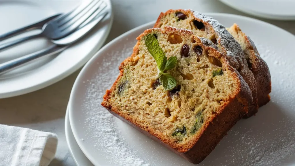 Freshly baked Banana Zucchini Bread on a cutting board, with slices showing a moist, tender crumb.