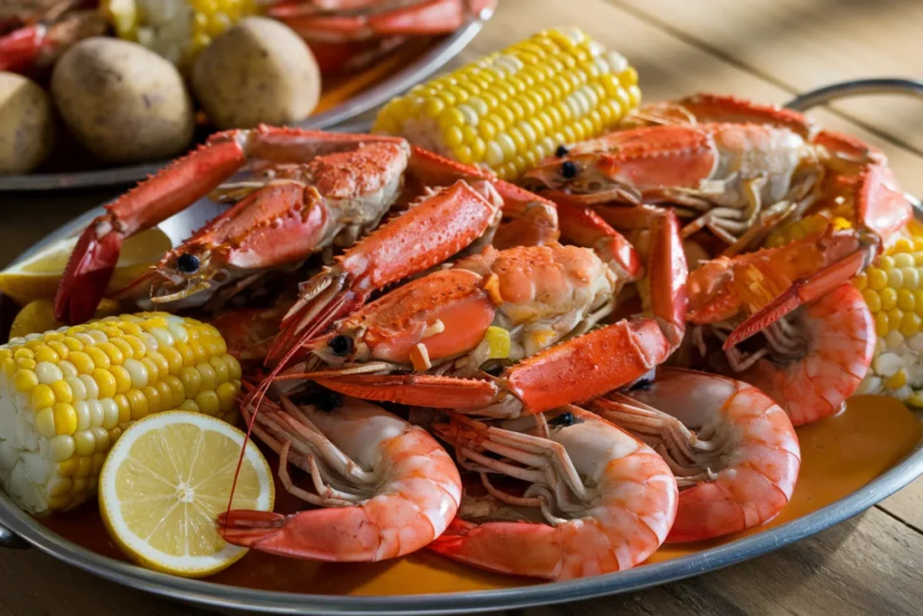 Seafood boil sauce being poured over shrimp, crab, and corn.