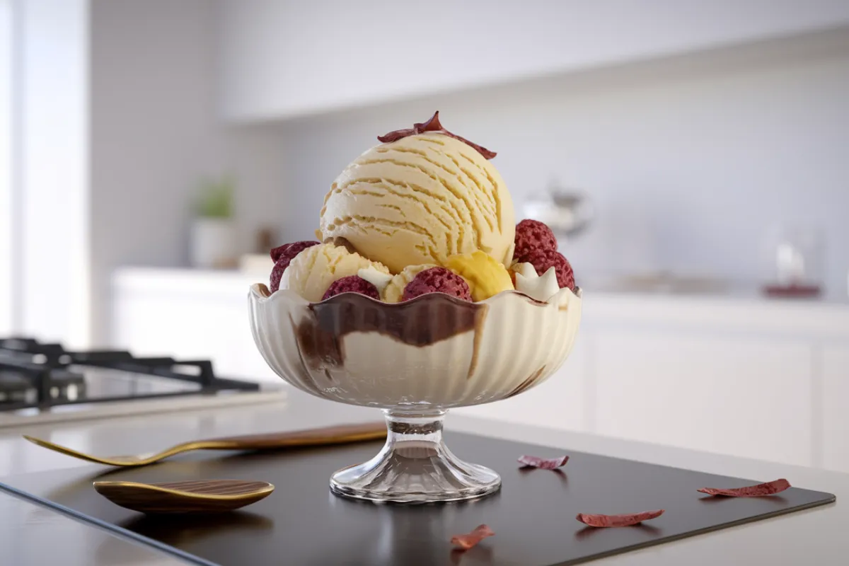 realistic photo of a freshly prepared dessert on a modern kitchen countertop, emphasizing rich textures and natural lighting.