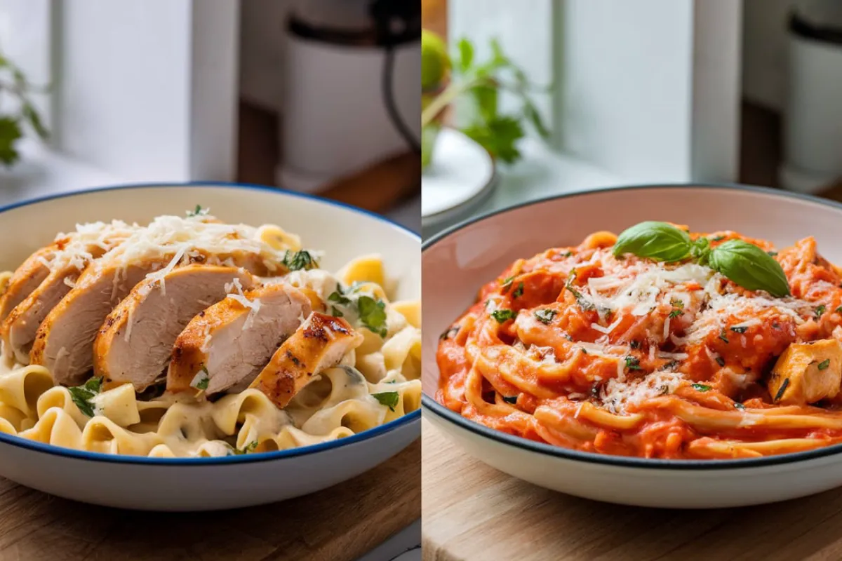 A comparison of Chicken Alfredo and Chicken Fettuccine dishes, highlighting the differences in sauce and presentation.