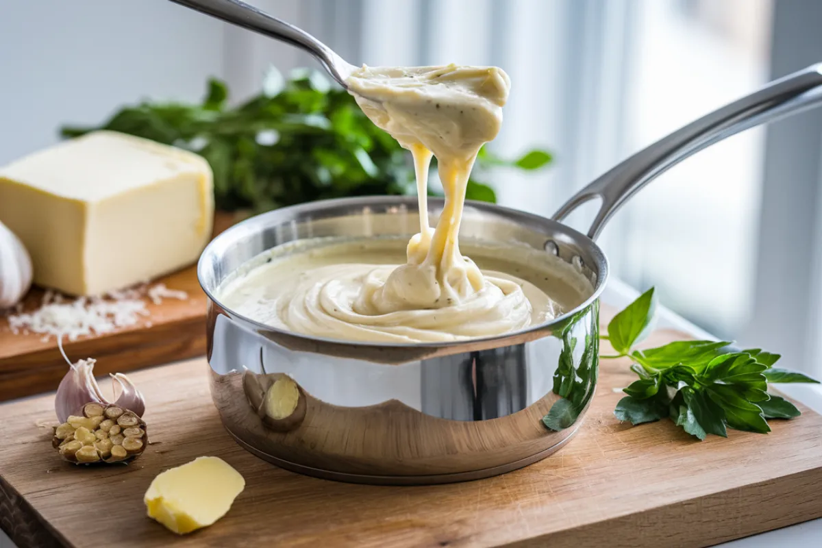 A close-up of a pot of creamy Alfredo sauce with fresh herbs, Parmesan cheese, and a wooden spoon.