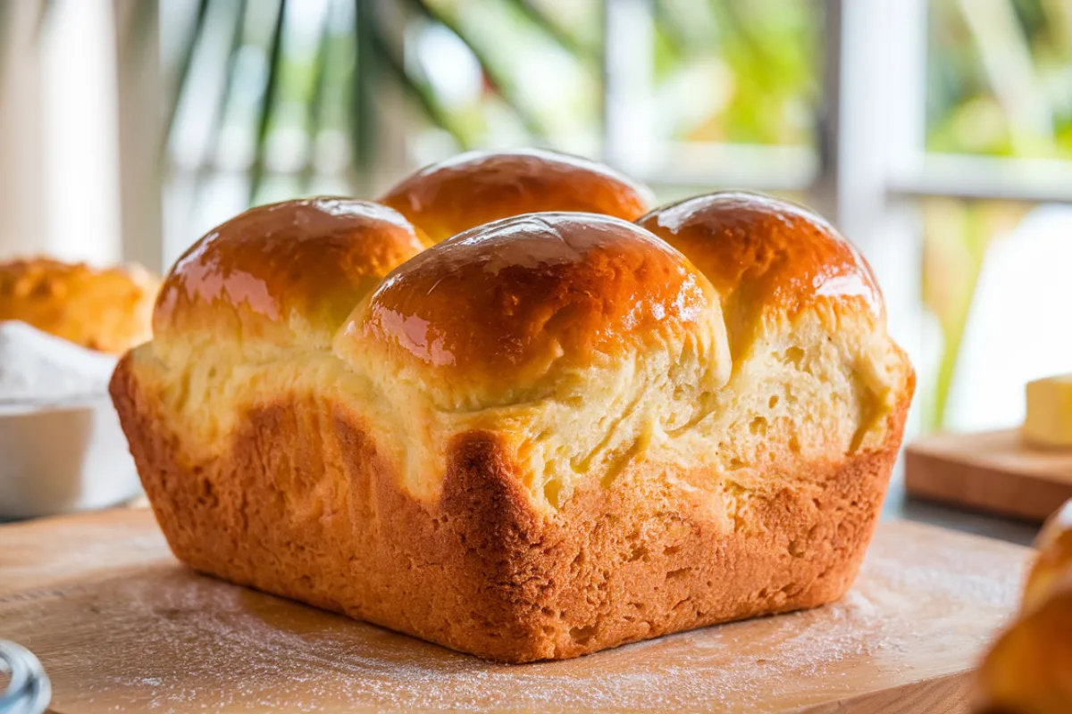 Golden loaf of Hawaiian bread with a shiny surface on a wooden kitchen table