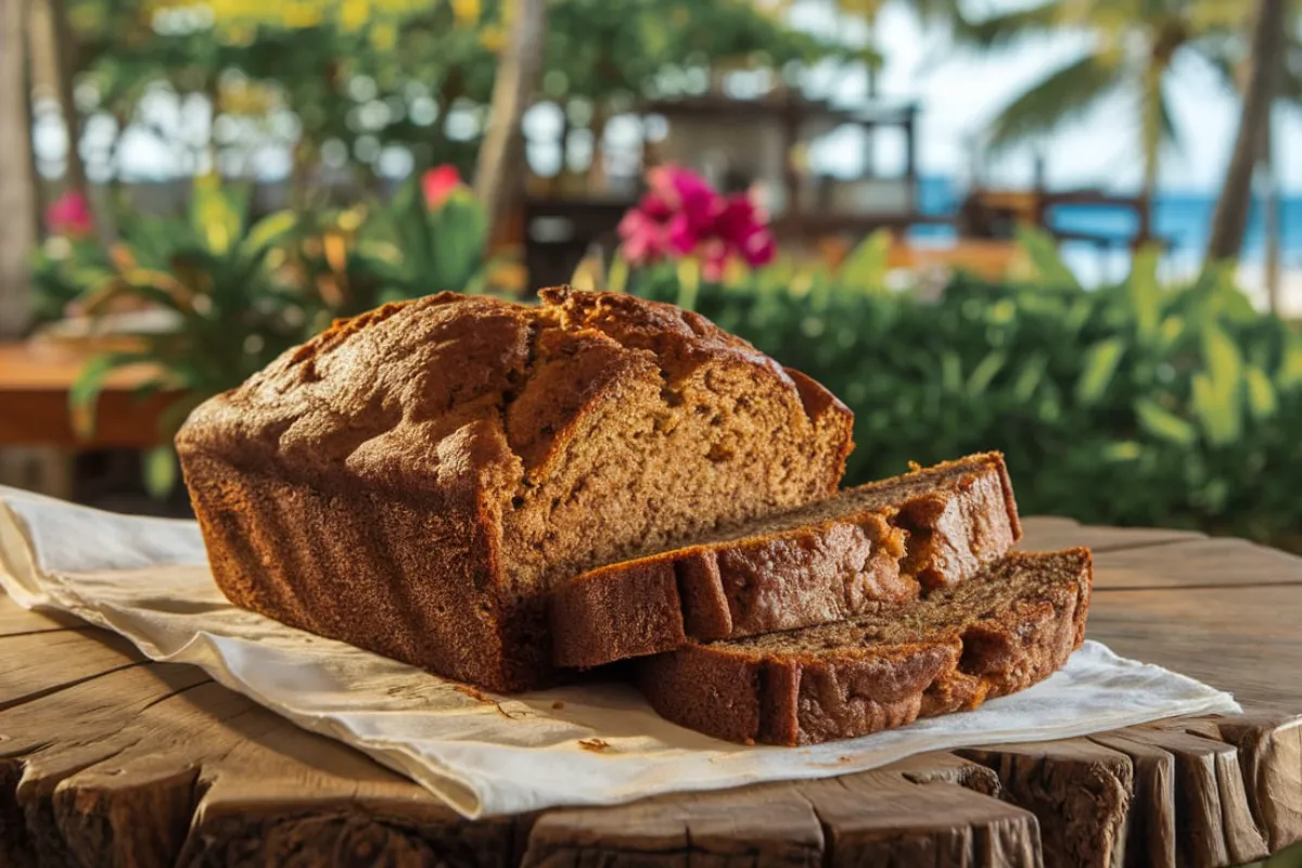 Freshly baked banana bread with a golden-brown crust on a rustic table in a tropical Maui setting