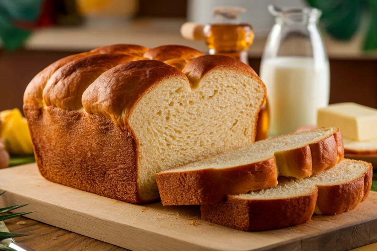 Golden loaf of Hawaiian bread with slices showing its soft, fluffy texture on a wooden cutting board