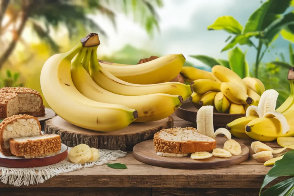 Variety of ripe Hawaiian bananas, some peeled, displayed on a rustic table with traditional banana-based dishes in a tropical outdoor setting