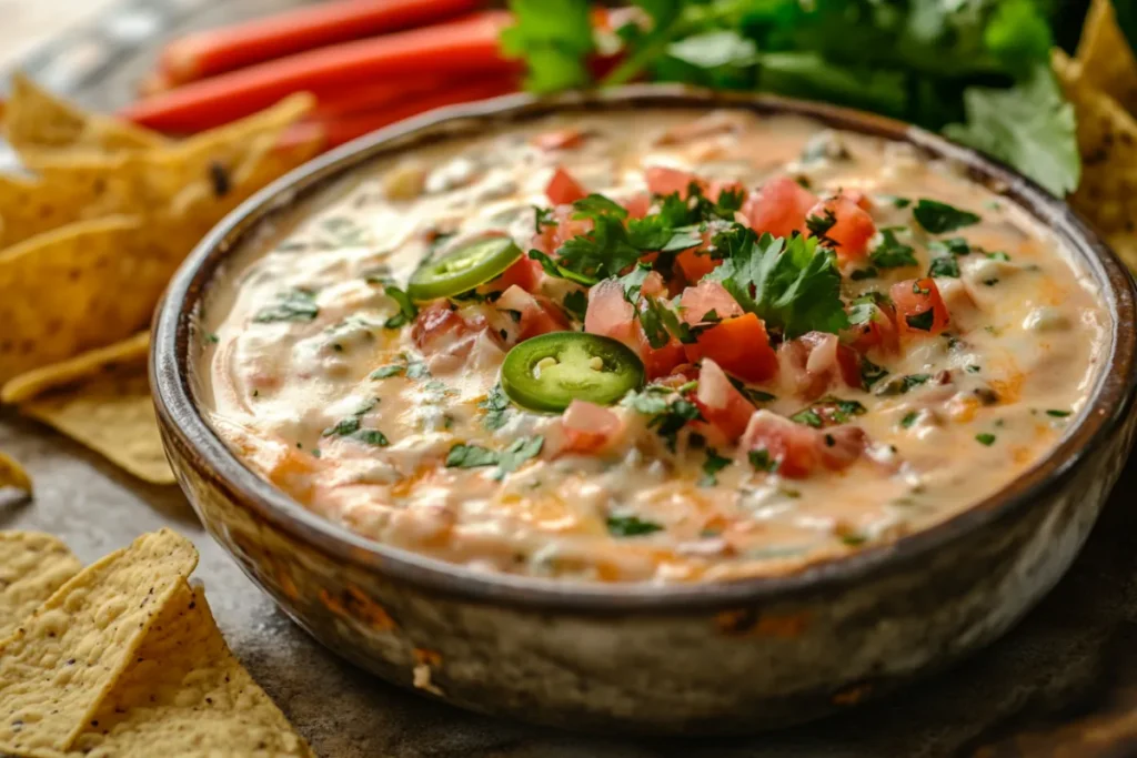 A bowl of thick, creamy Rotel dip on a warm beige countertop, topped with diced tomatoes, jalapeños, and cilantro, surrounded by tortilla chips on a gray platter