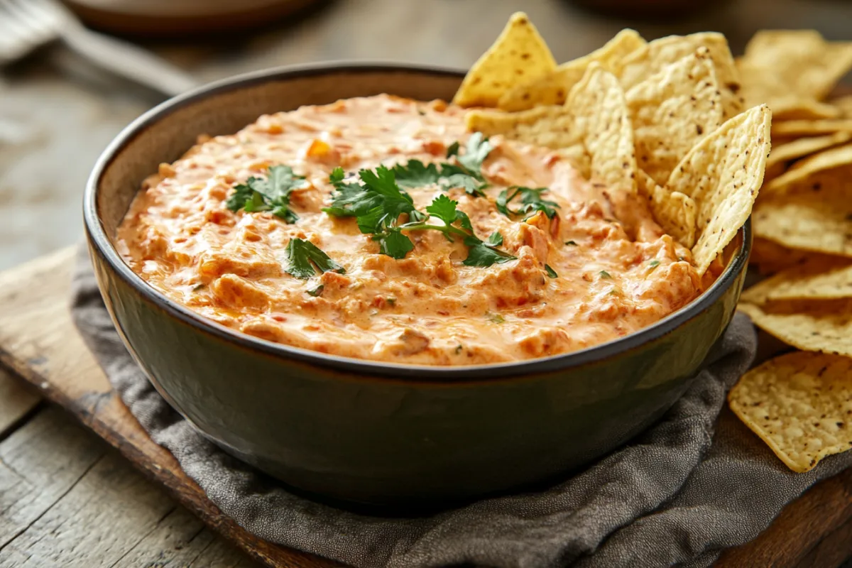 Rotel dip served with tortilla chips on a rustic wooden table, photographed with iPhone 15 Pro. Warm beige background with soft gray secondary accents, complemented by earthy and warm tones. Perfect appetizer dip featuring cheese and tomatoes.