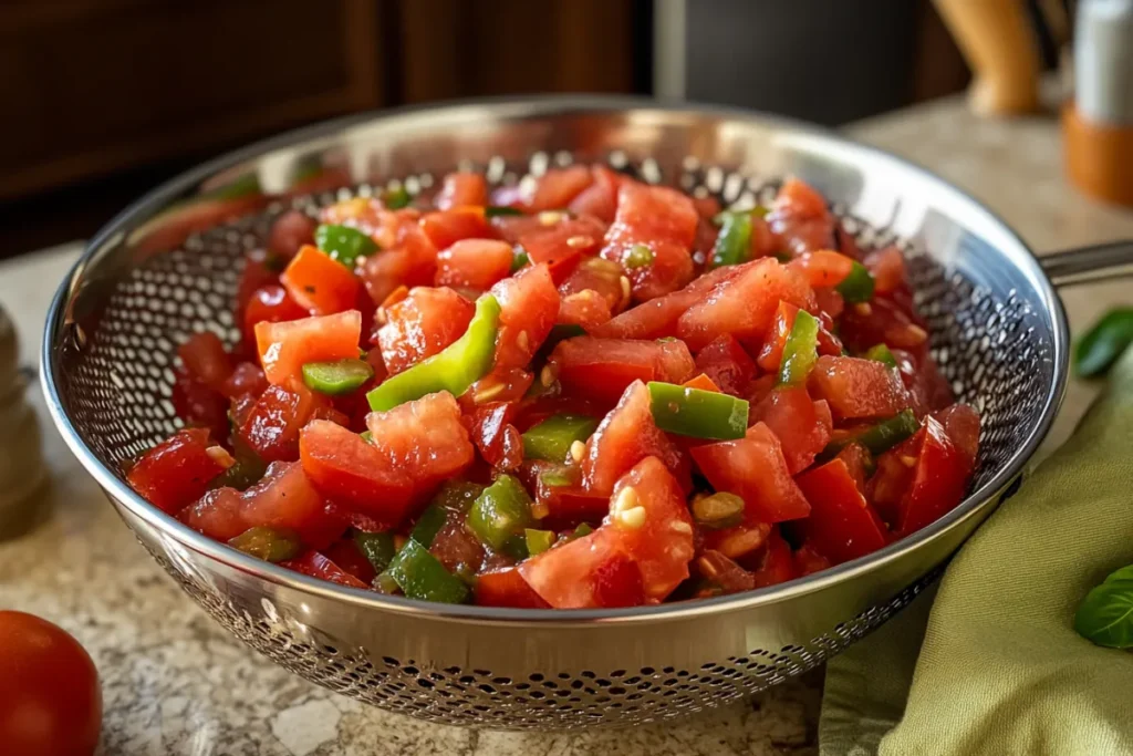 Rotel tomatoes with green chilies being drained in a colander over a kitchen sink, photographed with iPhone 15 Pro. Warm beige background with soft gray accents, highlighting earthy tones in a kitchen setting