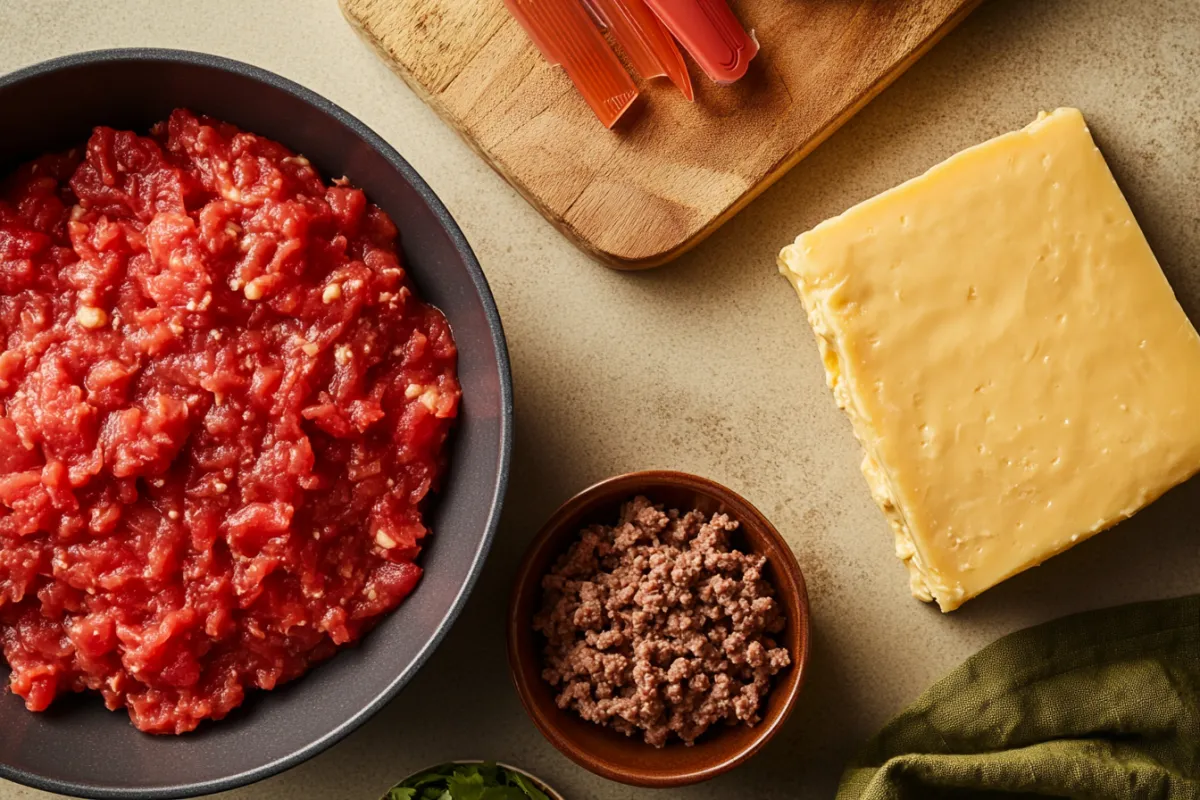 Ingredients for Rotel dip including Velveeta cheese, Rotel tomatoes with green chilies, and ground beef, arranged on a warm beige kitchen counter,