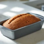 Can you make a cake mix in loaf pan? A freshly baked cake made from a cake mix sits perfectly in a loaf pan on a modern kitchen countertop, showcasing its golden-brown crust and smooth texture.