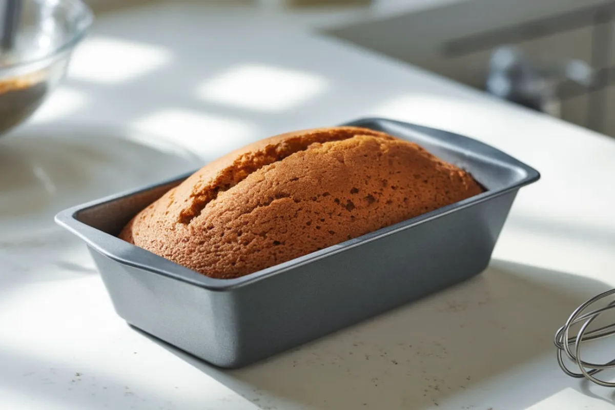 Can you make a cake mix in a loaf pan? A freshly baked cake made from a cake mix sits perfectly in a loaf pan on a modern kitchen countertop, showcasing its golden-brown crust and smooth texture.