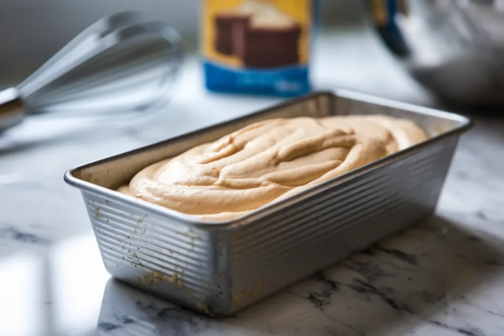 Loaf pan with cake batter ready to bake