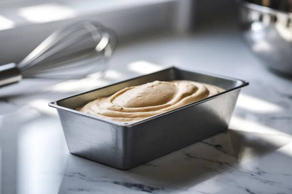 Loaf pan filled with cake batter ready for baking