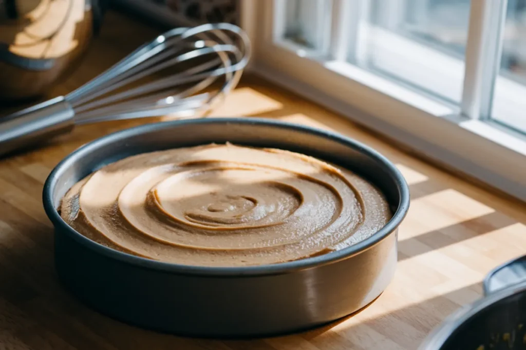 Cake batter in a cake pan ready for baking