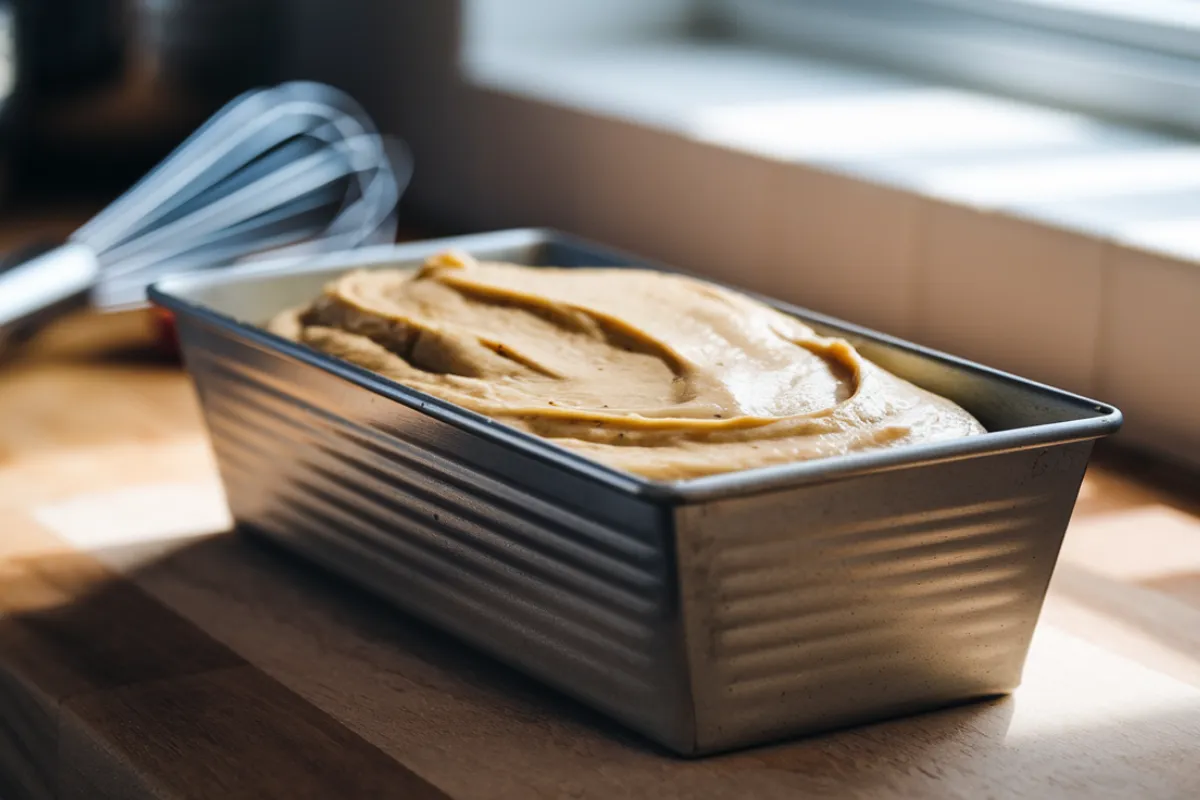 Loaf pan filled with cake batter ready to bake