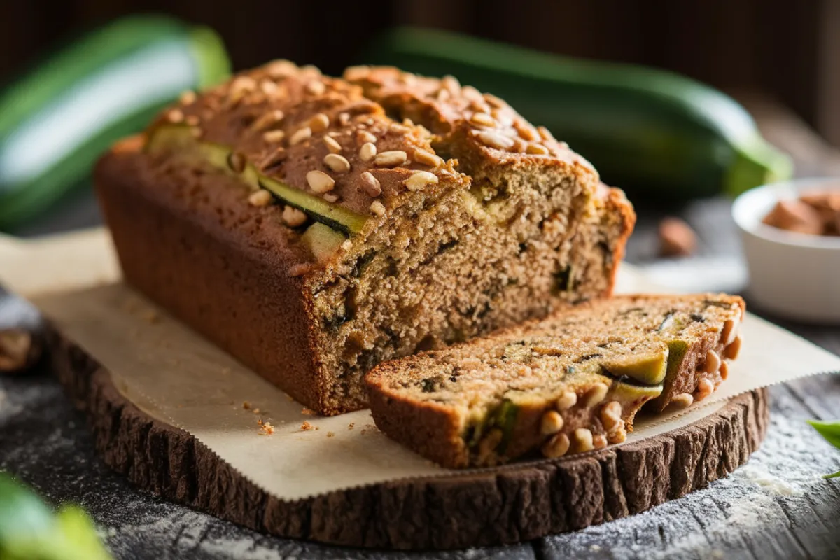 close-up photo of a slice of zucchini bread on a rustic wooden table. The bread is moist with visible pieces of zucchini and nuts, surrounded by fresh zucchini and baking ingredients.