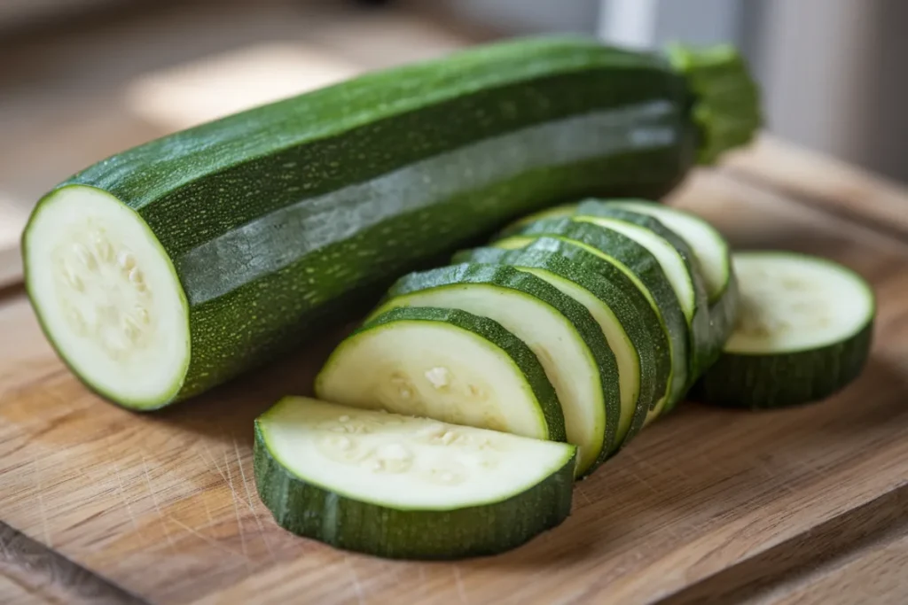 Fresh zucchini slices with bitter ends removed to improve taste.