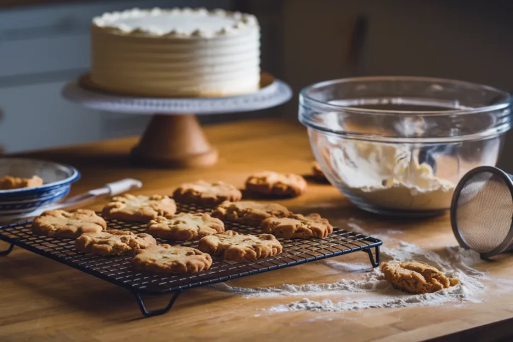 Baking ingredients on a table with a cake in the background, showing steps to eliminate bitterness.