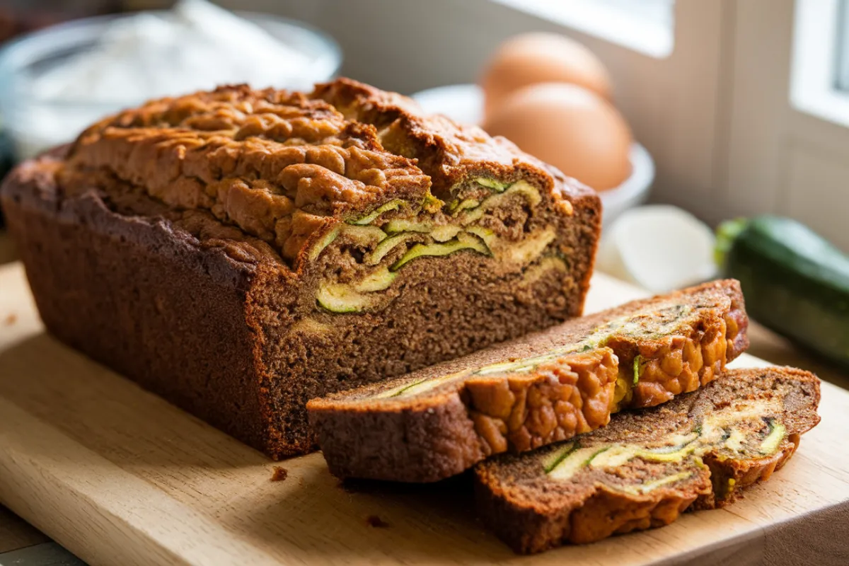 Close-up of a slice of zucchini bread with visible zucchini pieces, showing the moist texture and golden-brown crust.