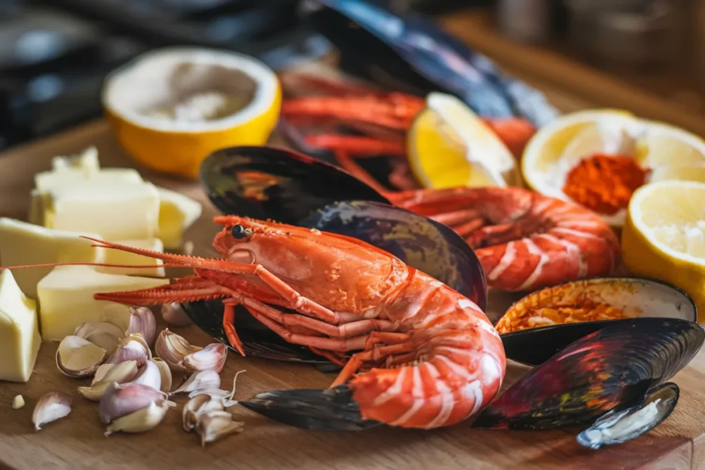 Ingredients for making a seafood boil sauce including butter, garlic, and spices.