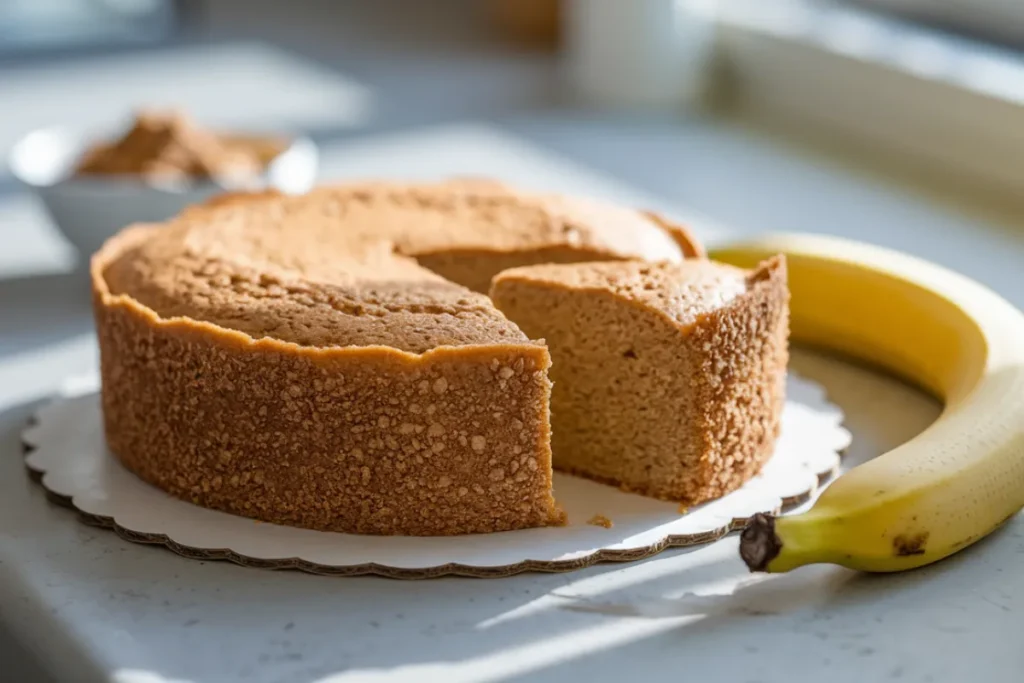 photo of a cake made with cake mix using bananas as an egg substitute. The cake has a golden-brown surface and a soft, fluffy interior, with a ripe banana and a small bowl of cake mix beside it.