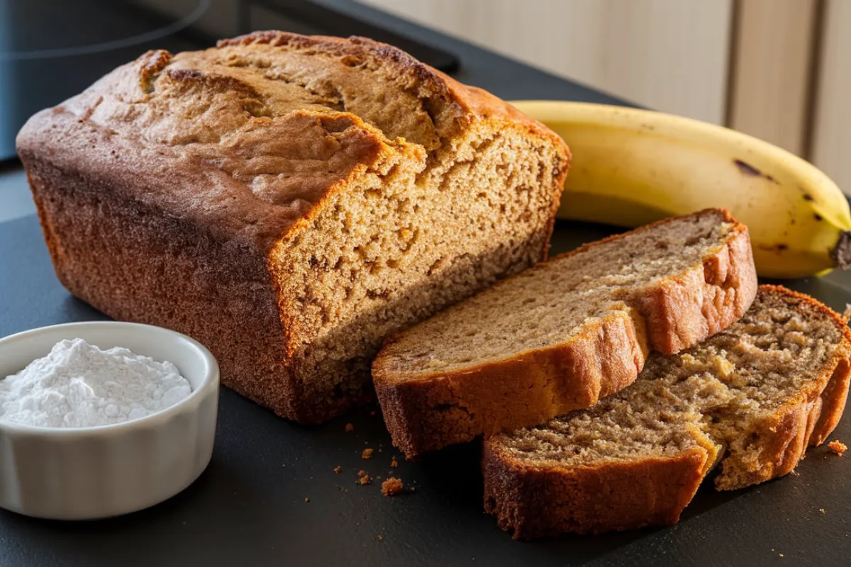 photo of freshly baked banana bread made with both baking soda and baking powder. The bread has a golden-brown crust with a light, fluffy texture, and slices revealing a moist interior. Baking soda, baking powder, and a banana are placed next to the bread.