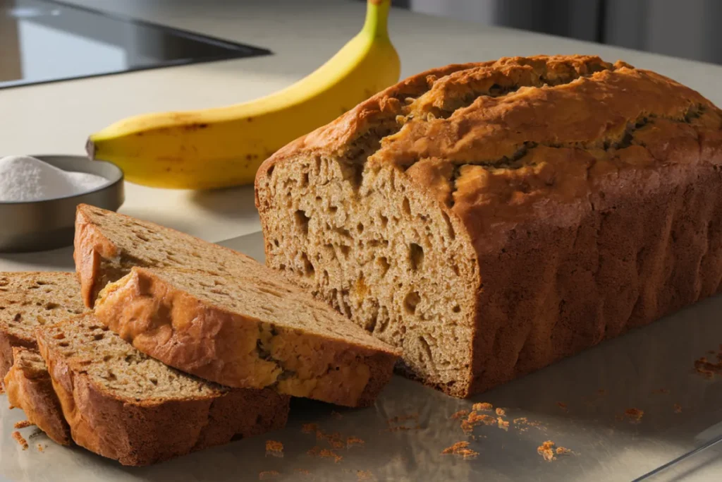 A perfectly risen banana bread made with baking soda and baking powder.