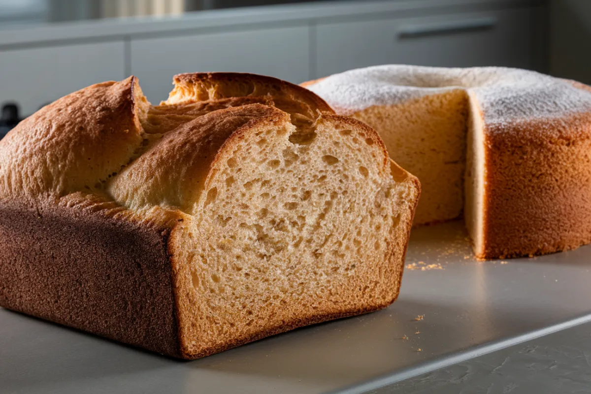 Ultra-realistic photo comparing a freshly baked loaf of bread and a fluffy cake. The bread has a golden, crispy crust with a soft interior, while the cake is moist and smooth with a slightly domed top, both placed on a modern kitchen countertop.