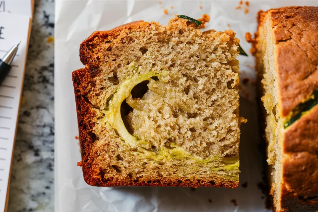 Freshly baked zucchini bread sliced open to reveal a perfectly moist, non-mushy center