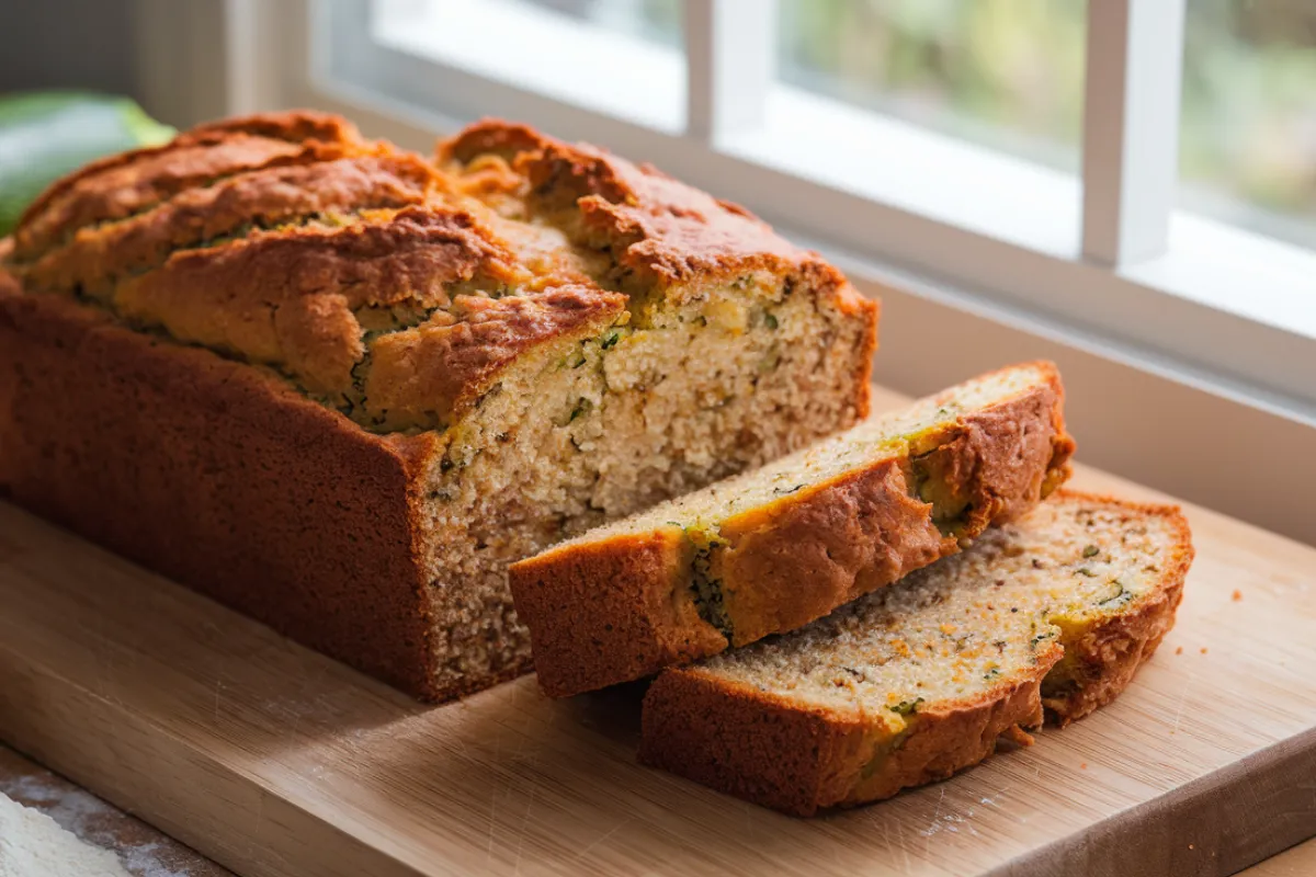 Close-up of sliced zucchini bread with a golden-brown crust, showing its moist interior.