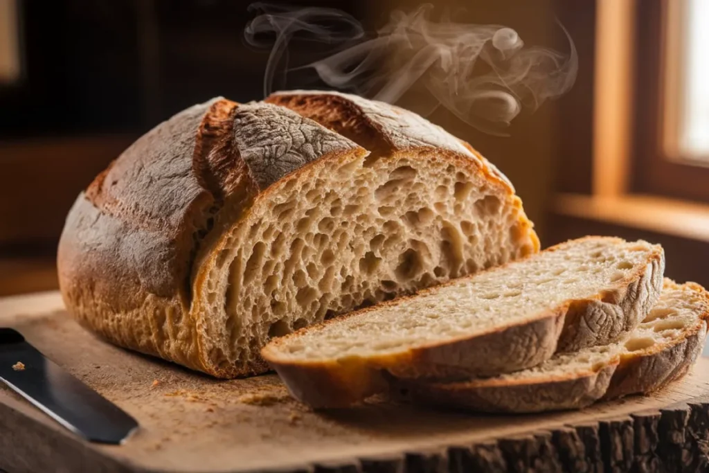 A freshly baked loaf of bread sliced open, revealing a slightly doughy center.