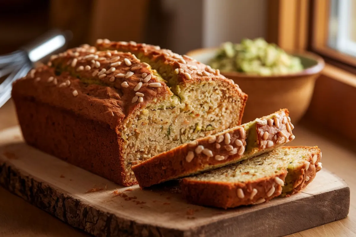 A close-up of a moist slice of zucchini bread on a wooden cutting board.