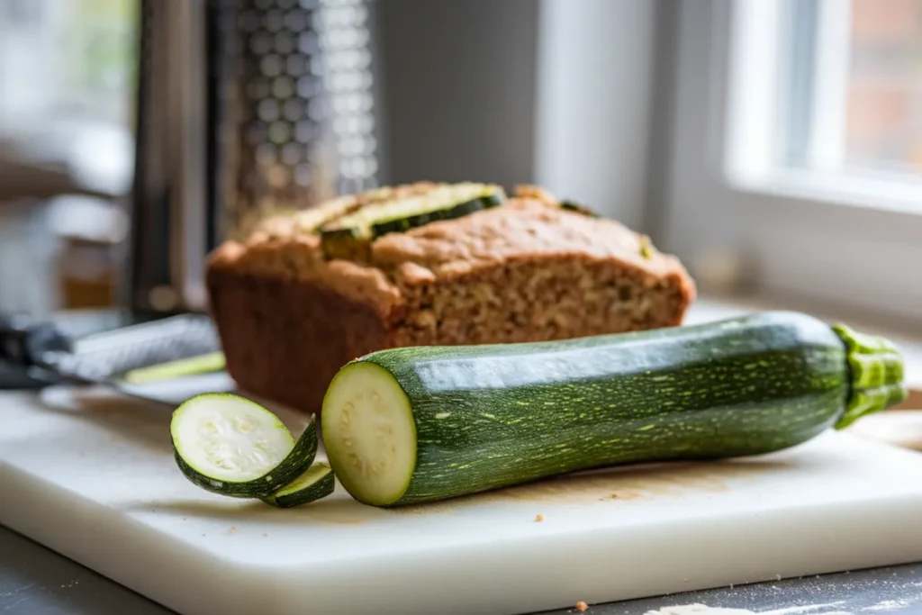 Freshly baked zucchini bread with slices showing a moist texture, with and without zucchini peel.