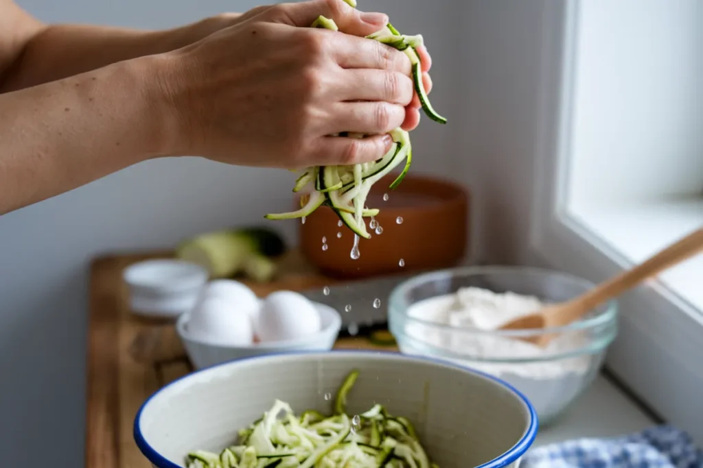 Freshly grated zucchini being squeezed to remove excess liquid for zucchini bread.