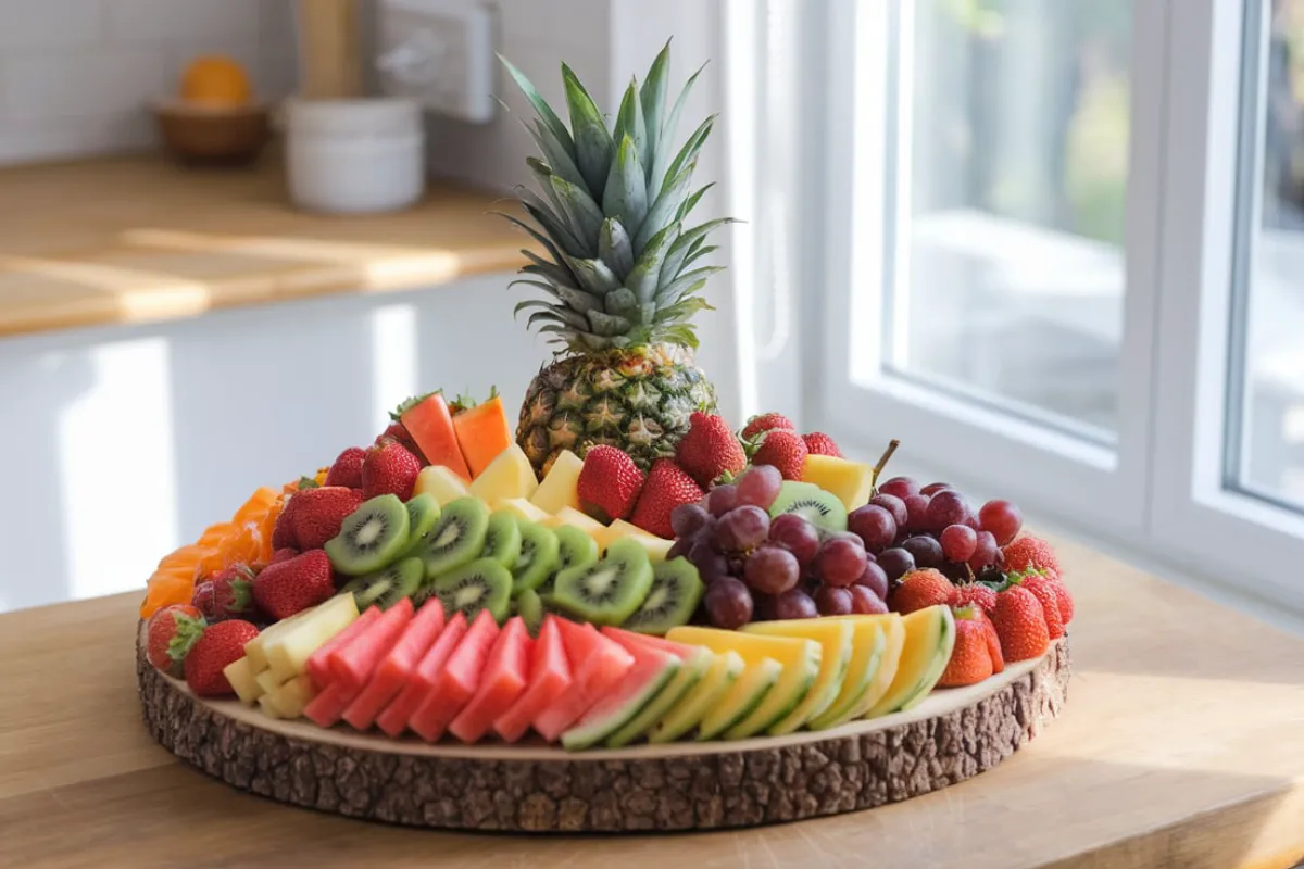 A beautifully arranged fruit platter with a variety of colorful, fresh fruits.