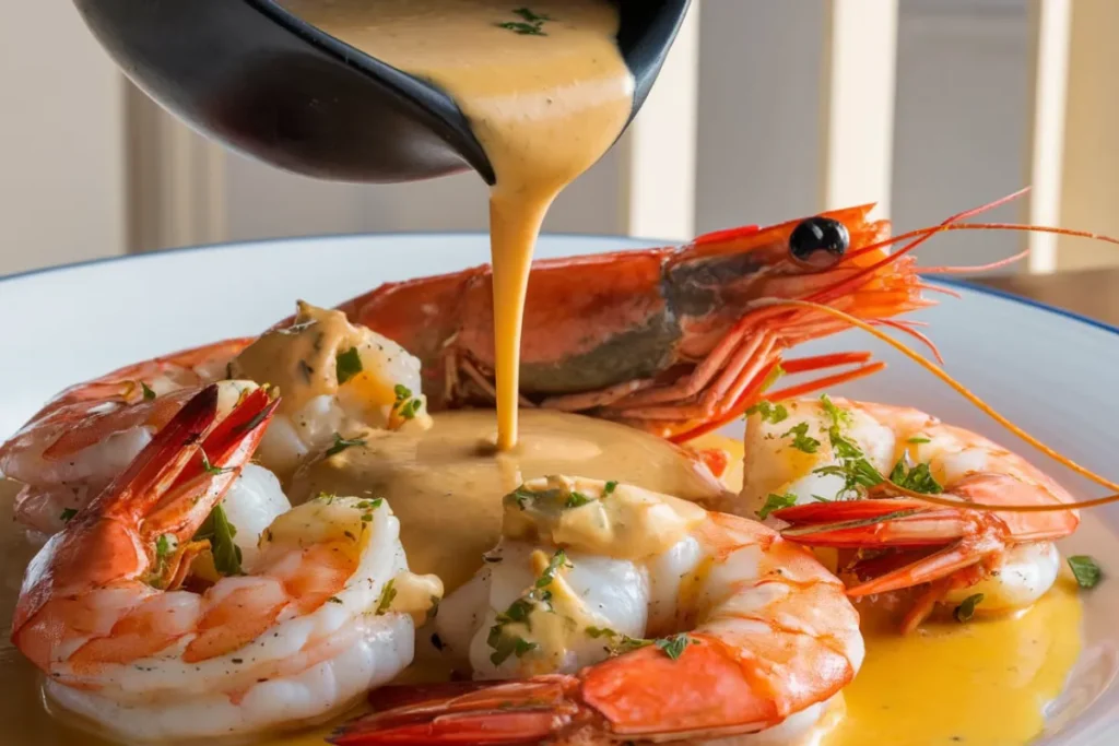 A rich seafood butter sauce being poured over grilled shrimp.