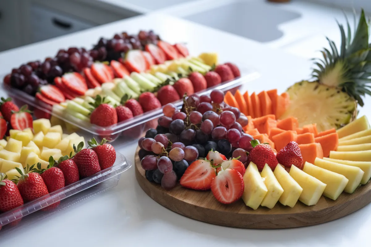 A comparison of a store-bought fruit tray and a homemade fruit tray side by side.