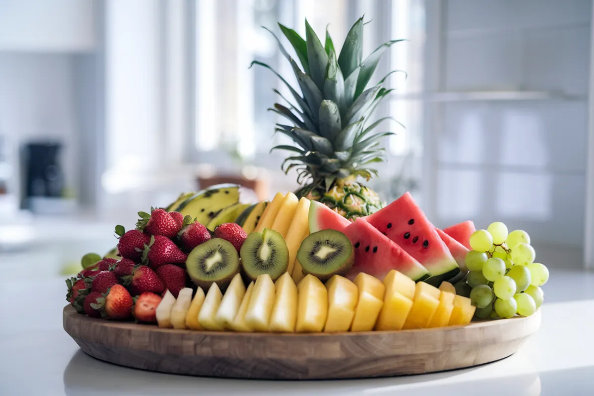 A beautifully arranged fruit platter with a variety of colorful, fresh fruits including strawberries, kiwi, pineapple, and grapes.