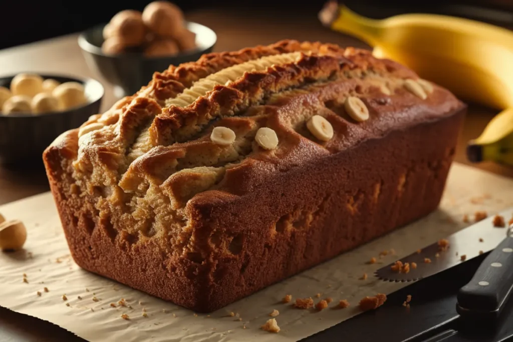 A realistic close-up photo of freshly baked Hawaiian banana bread on a kitchen counter, surrounded by ripe bananas and a bowl of macadamia nuts